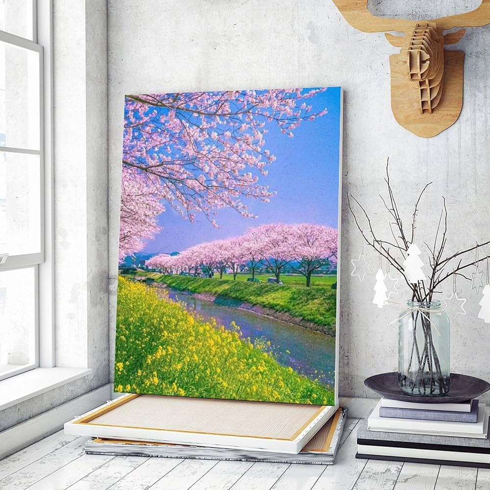 油絵 絵画【桜と川】 油絵 絵画【桜と川】